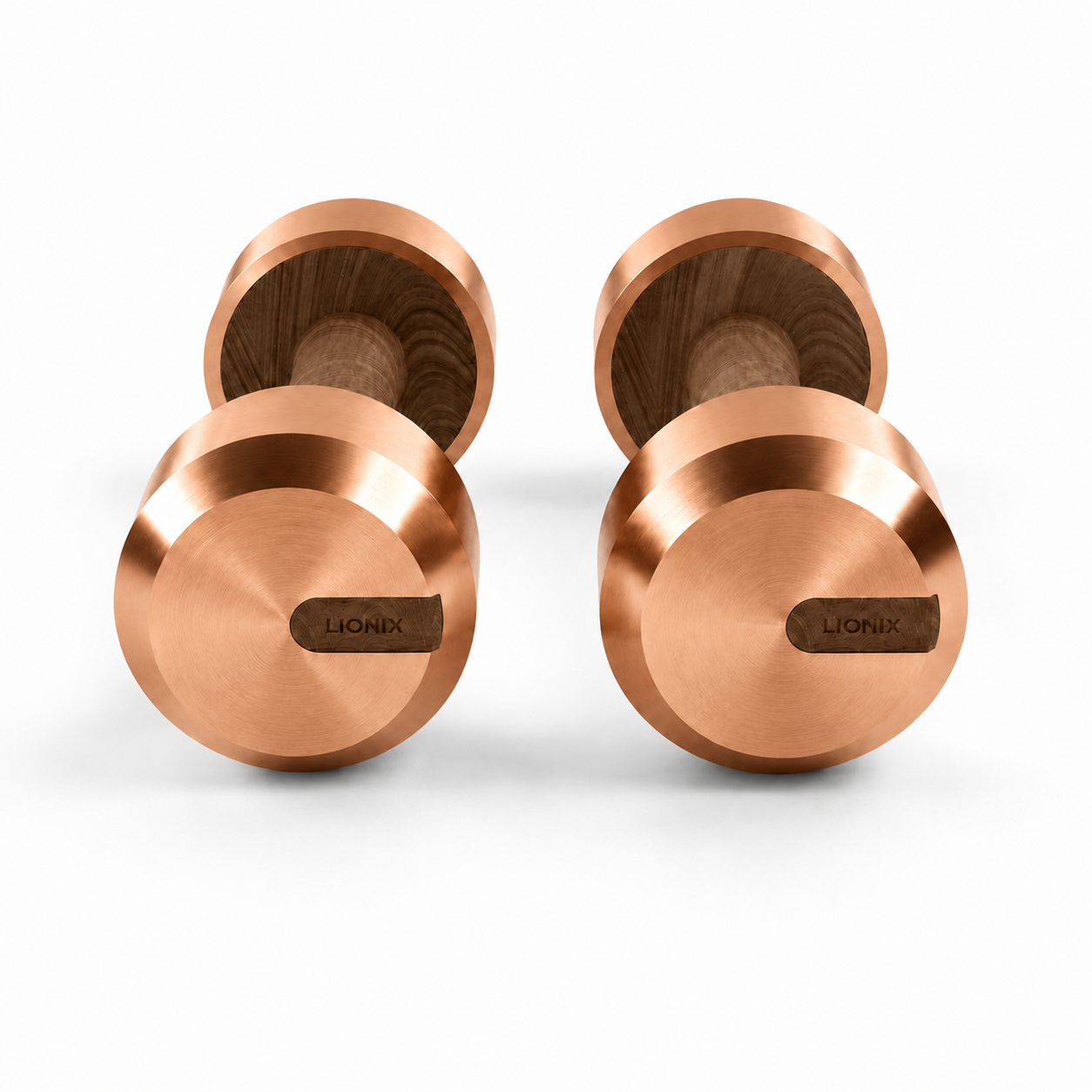 LIONIX ORVIAN luxury dumbbell pair in rose gold finish with walnut wood handles