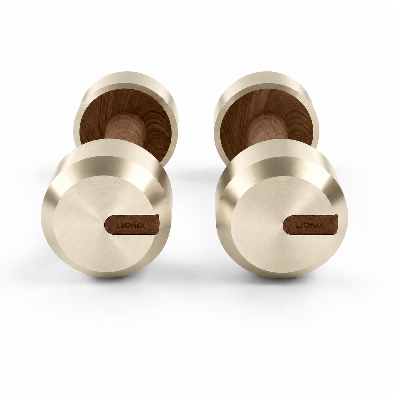 LIONIX ORVIAN luxury dumbbell pair in titanium gold finish with walnut wood handles