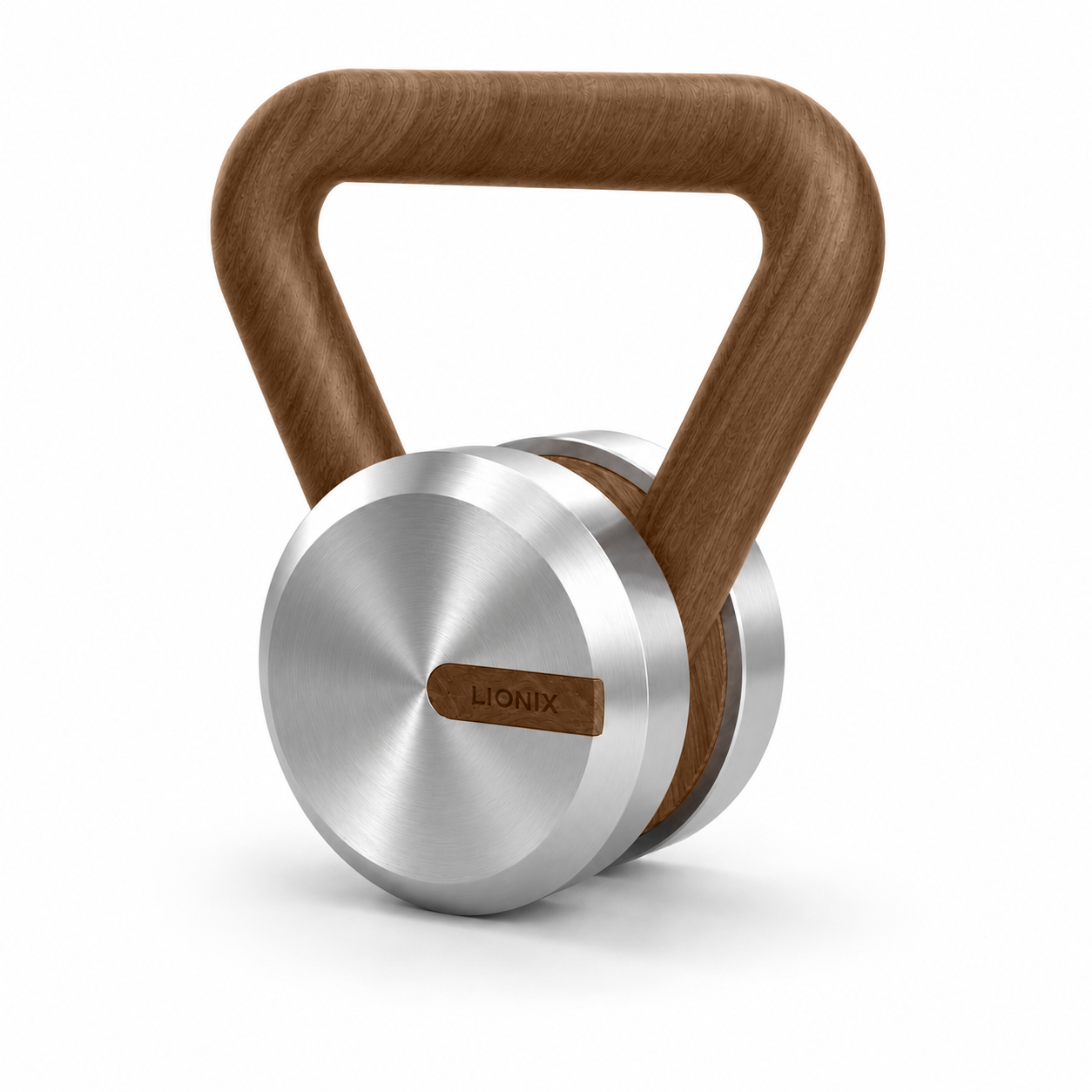 LIONIX ORVIAN luxury kettlebell in brushed silver finish with walnut handle