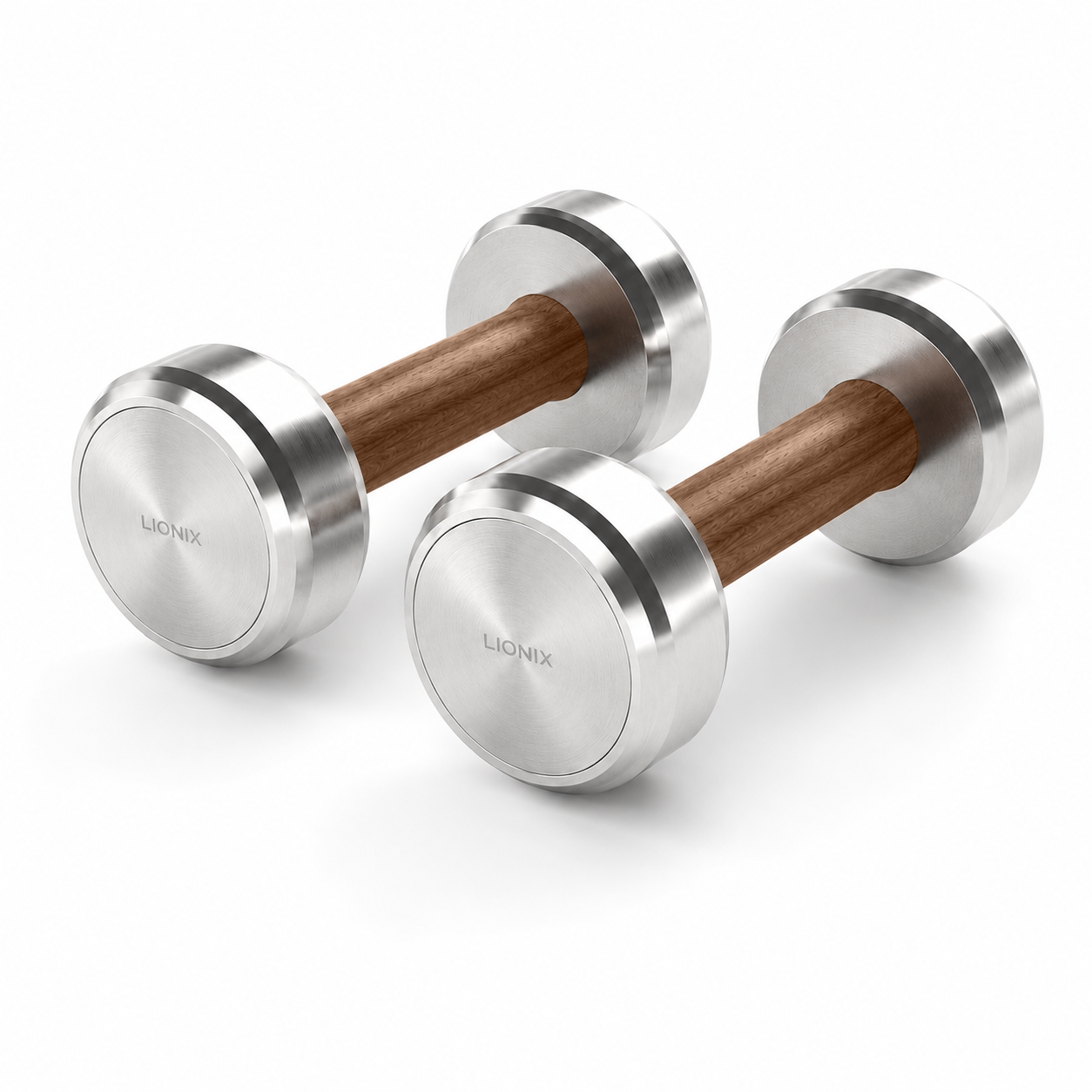 LIONIX STRATOS luxury dumbbell pair in brushed silver finish with walnut wood handles