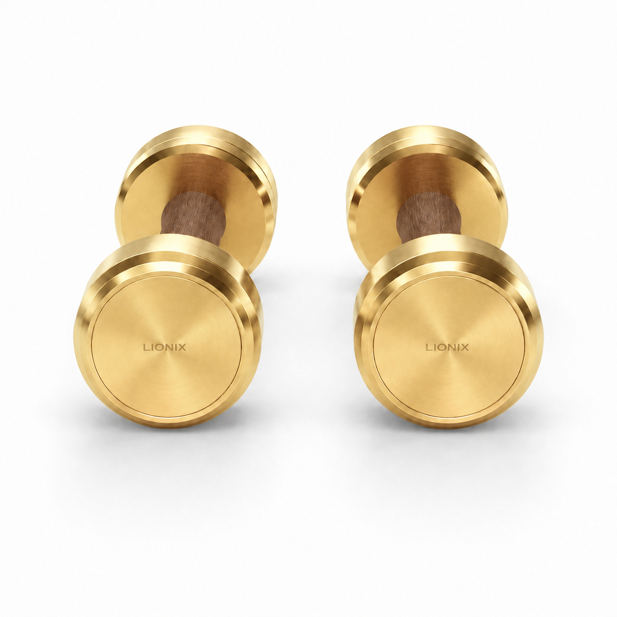 LIONIX STRATOS luxury dumbbell pair in champagne gold finish with walnut wood handles