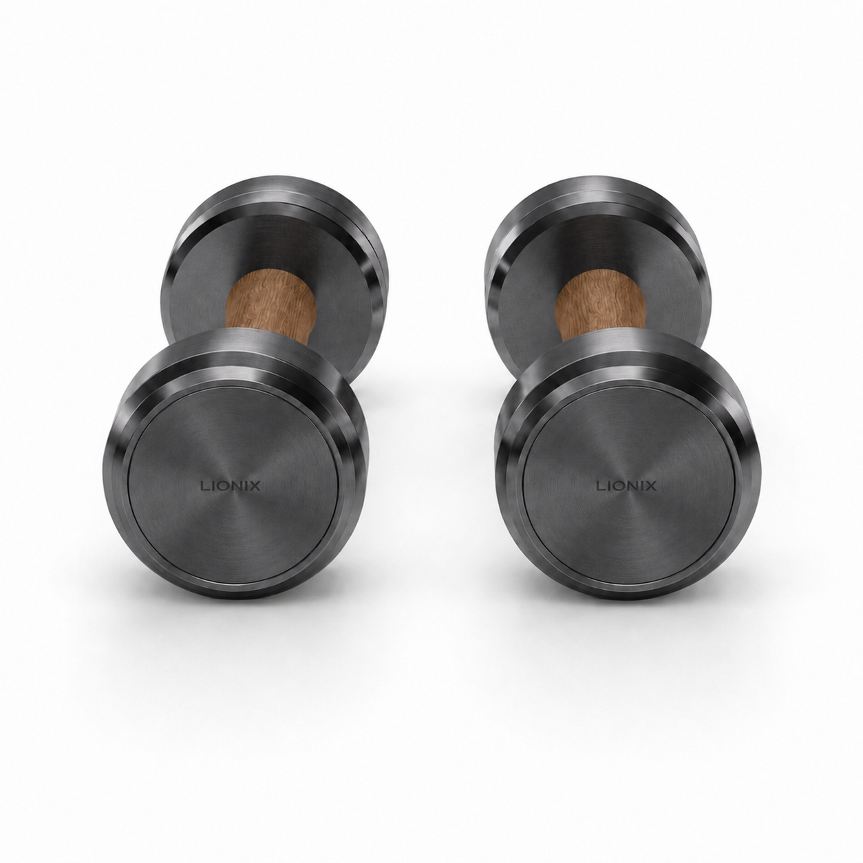 LIONIX STRATOS luxury dumbbell pair in matte black finish with walnut wood handles