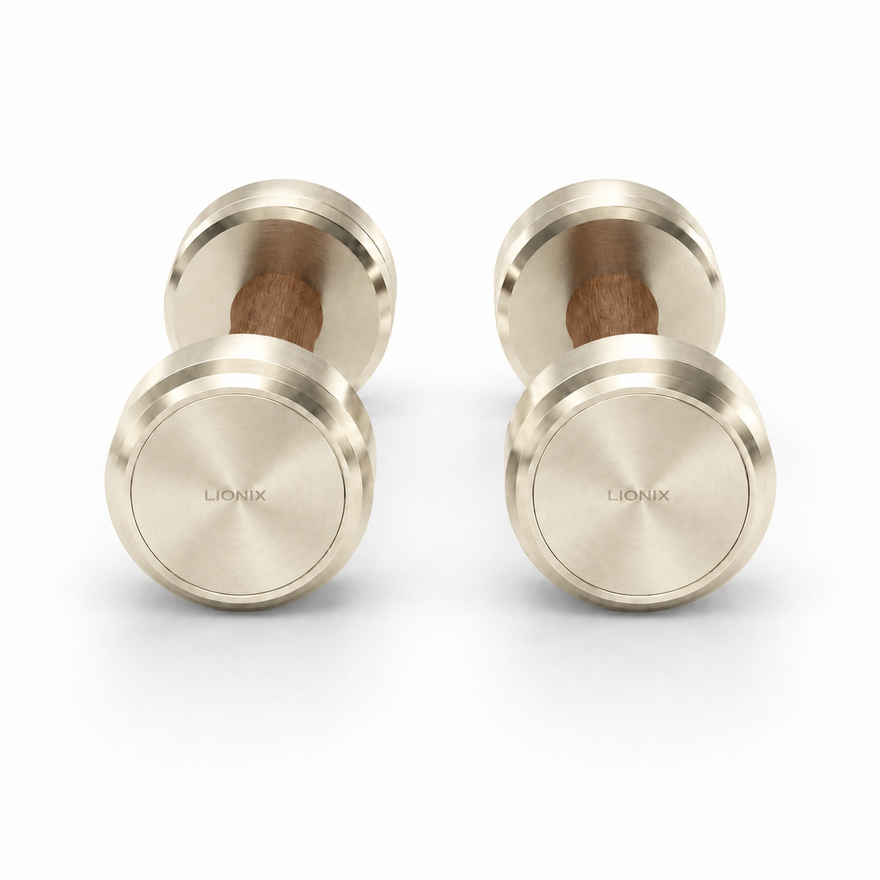 LIONIX STRATOS luxury dumbbell pair in titanium gold finish with walnut wood handles