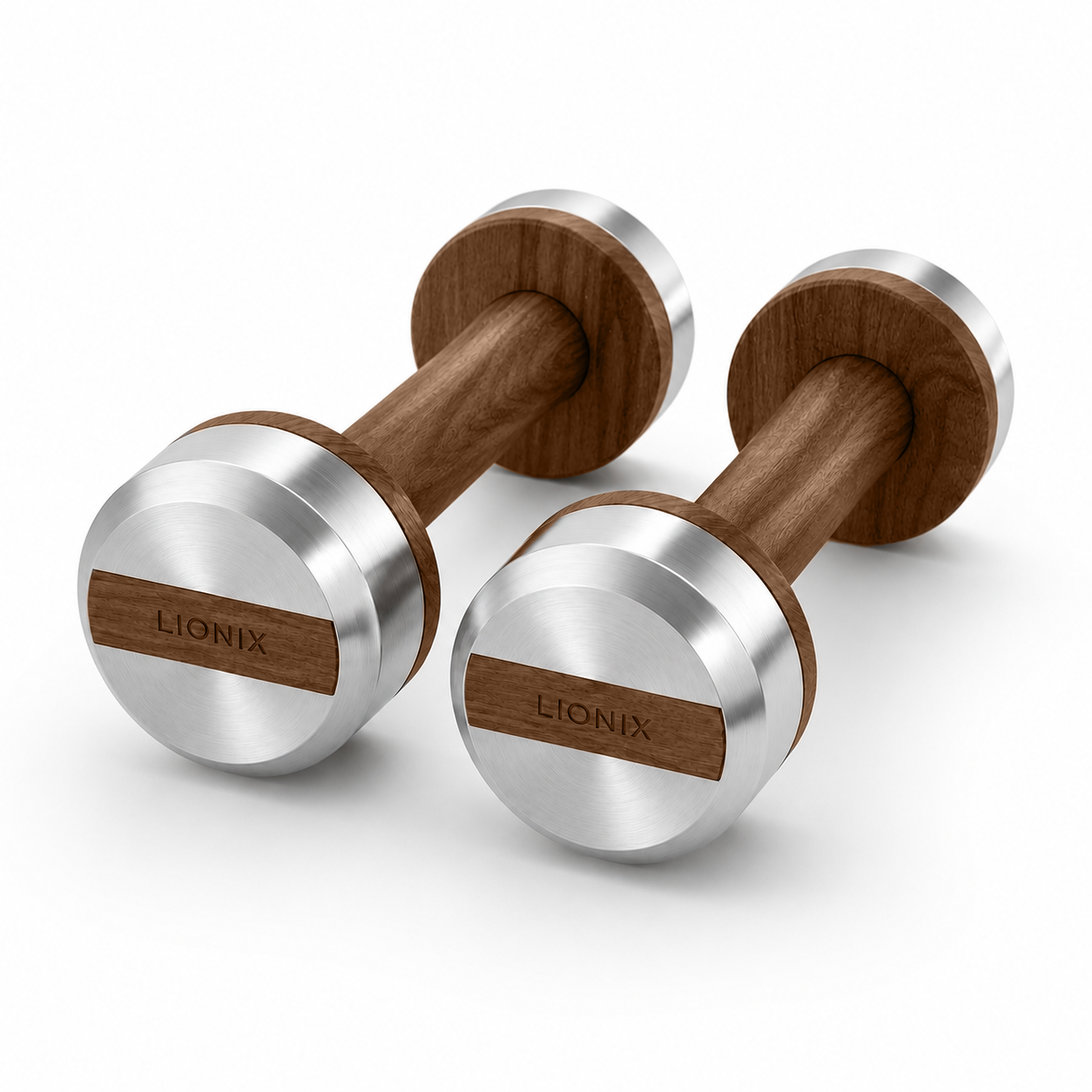 LIONIX THYRON luxury dumbbell pair in brushed silver finish with walnut wood handles