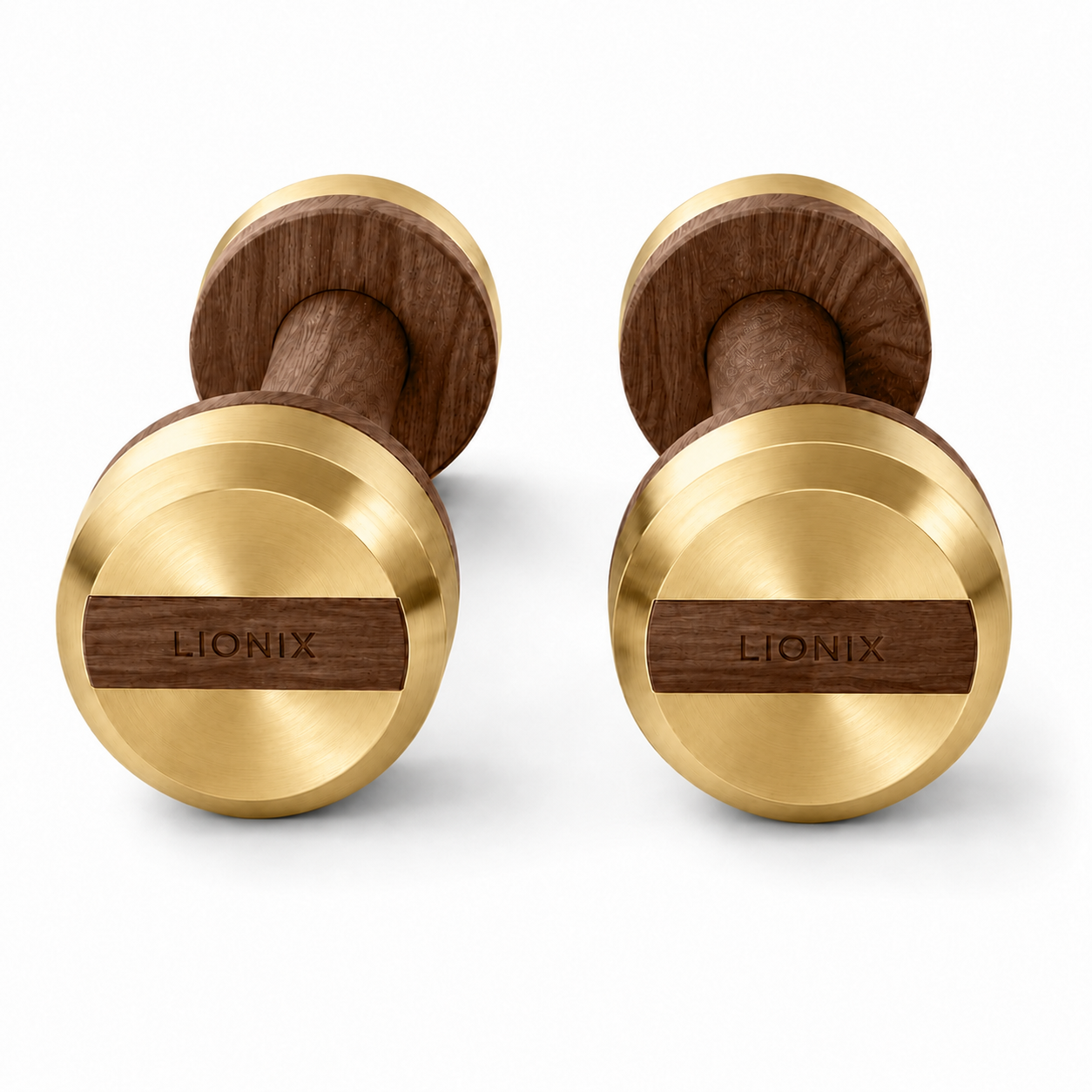 LIONIX THYRON luxury dumbbell pair in champagne gold finish with walnut wood handles