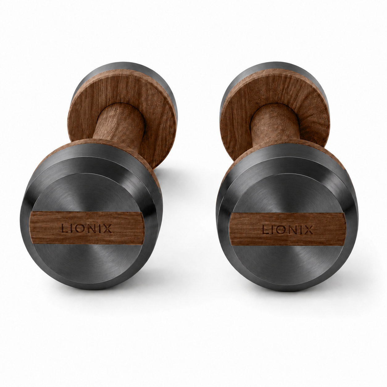 LIONIX THYRON luxury dumbbell pair in matte black finish with walnut wood handles