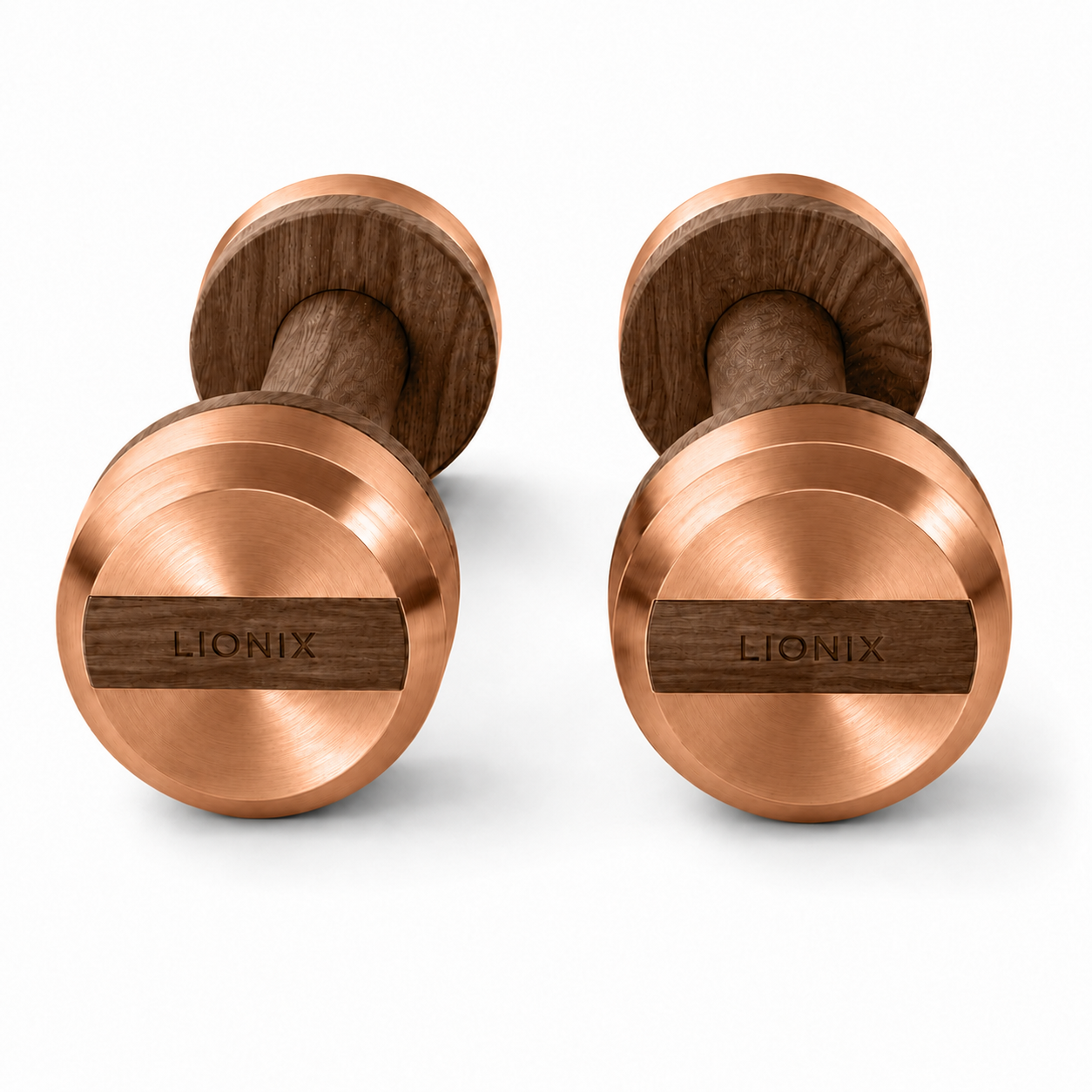LIONIX THYRON luxury dumbbell pair in rose gold finish with walnut wood handles