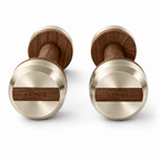 LIONIX THYRON luxury dumbbell pair in titanium gold finish with walnut wood handles