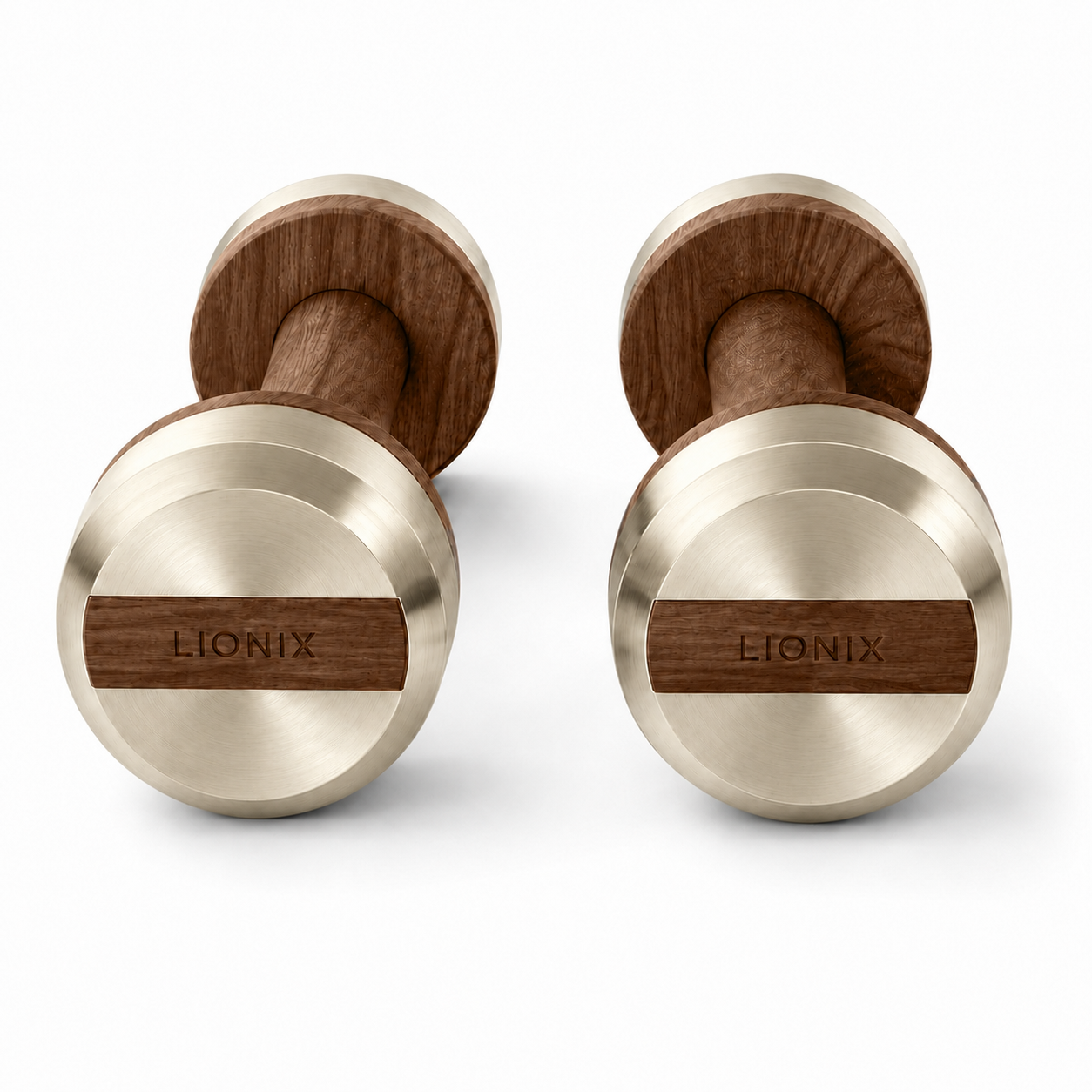 LIONIX THYRON luxury dumbbell pair in titanium gold finish with walnut wood handles