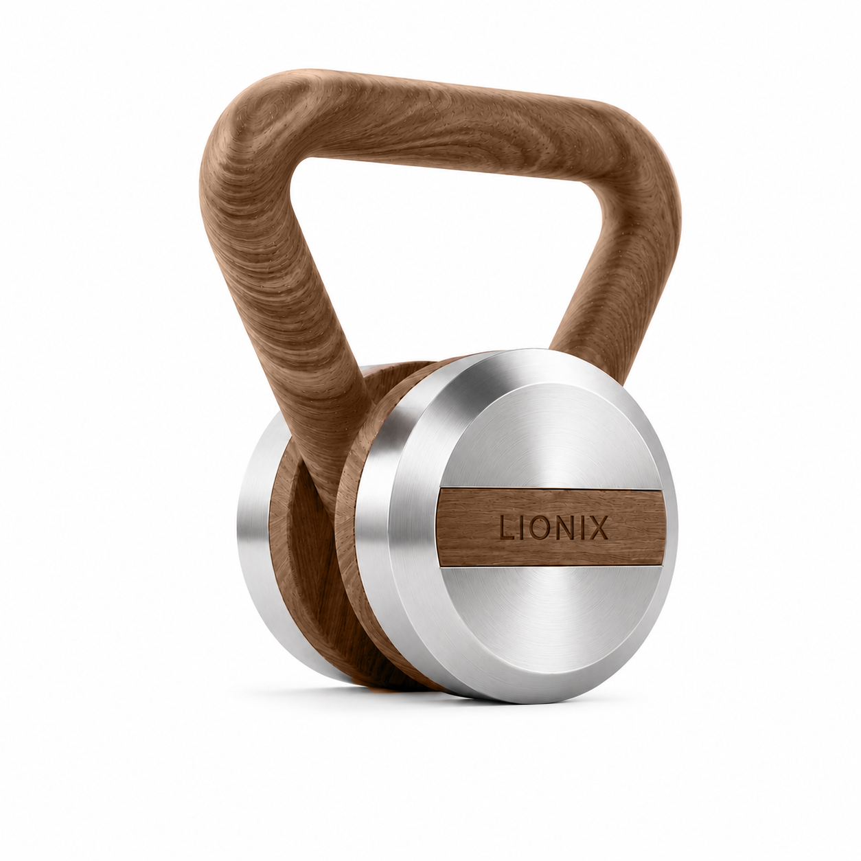 LIONIX THYRON luxury kettlebell in brushed silver finish with walnut handle