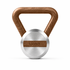 LIONIX THYRON luxury kettlebell in brushed silver finish with walnut handle