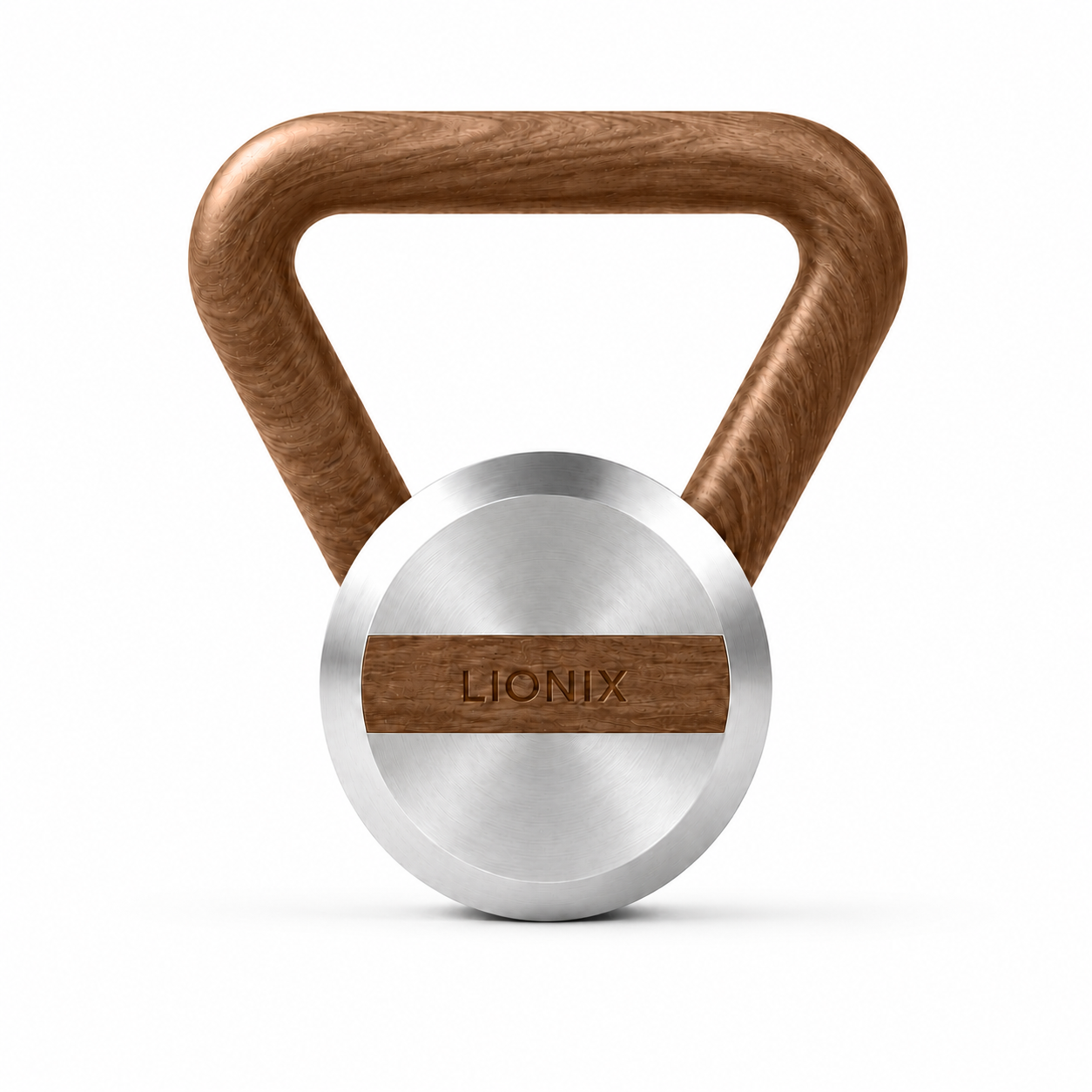 LIONIX THYRON luxury kettlebell in brushed silver finish with walnut handle