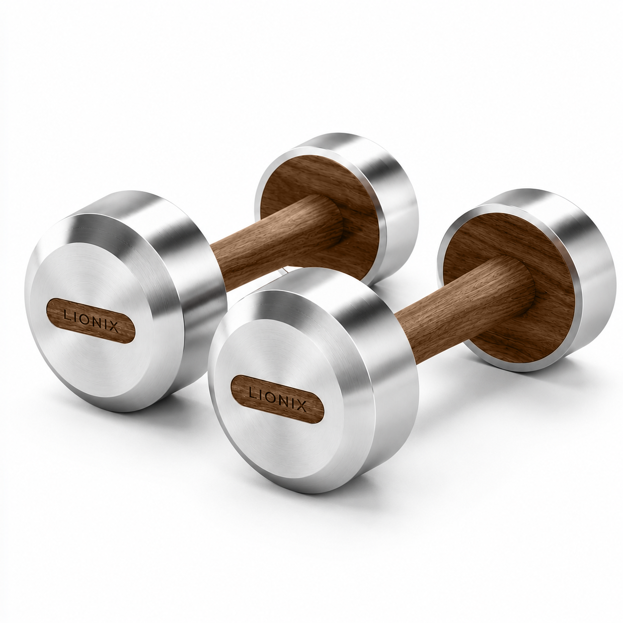 LIONIX VEYRON luxury dumbbell pair in brushed silver finish with walnut wood handles
