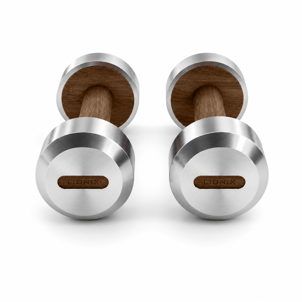 LIONIX VEYRON luxury dumbbell pair in brushed silver finish with walnut wood handles