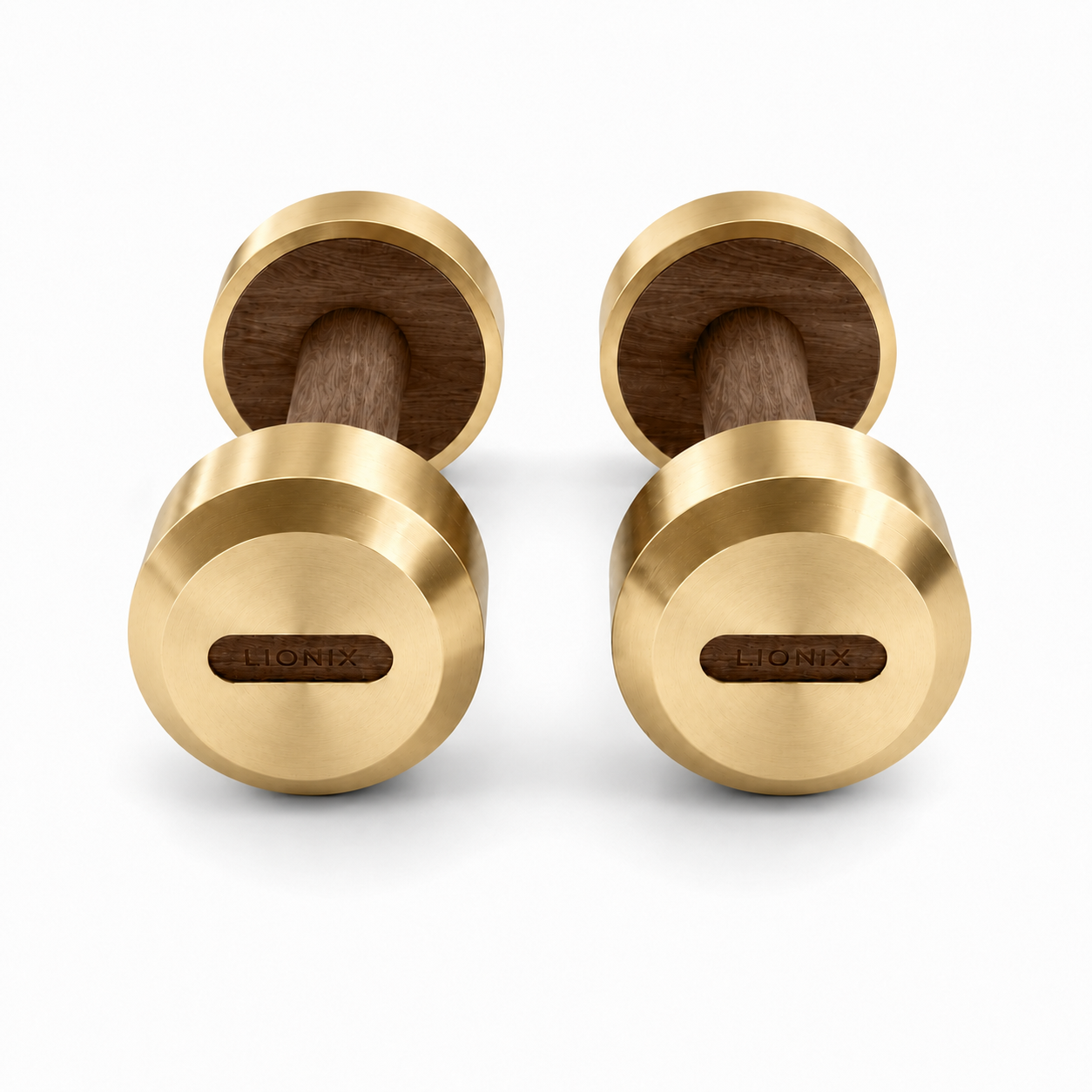 LIONIX VEYRON luxury dumbbell pair in champagne gold finish with walnut wood handles