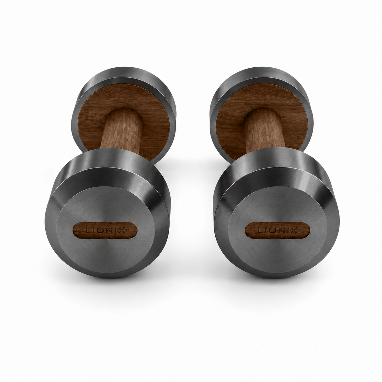LIONIX VEYRON luxury dumbbell pair in matte black finish with walnut wood handles
