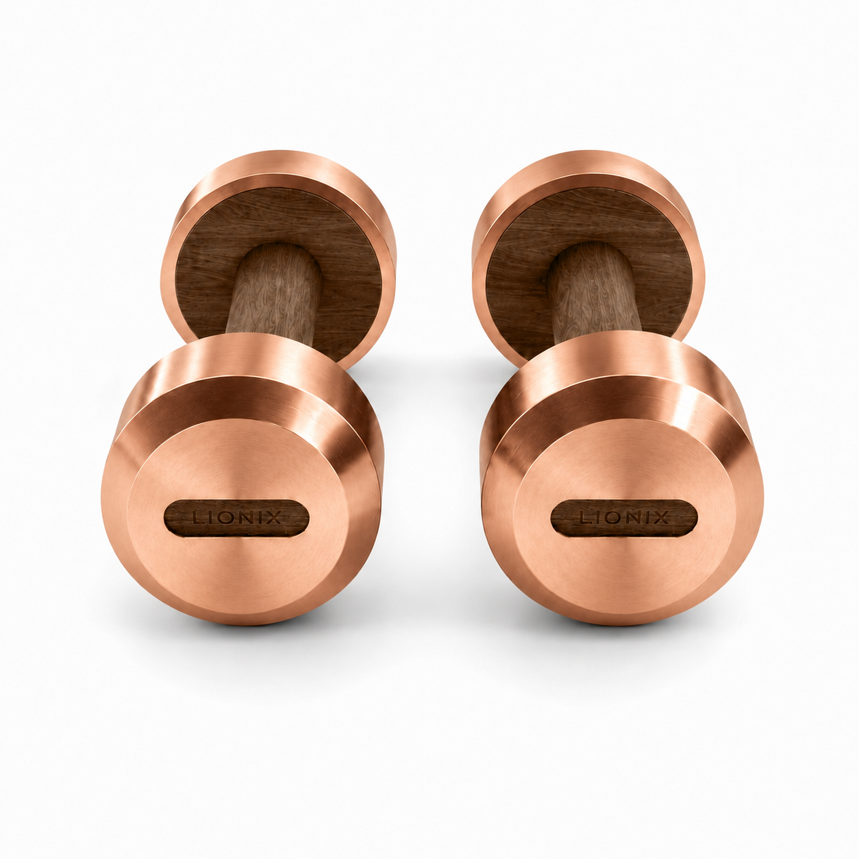 LIONIX VEYRON luxury dumbbell pair in rose gold finish with walnut wood handles