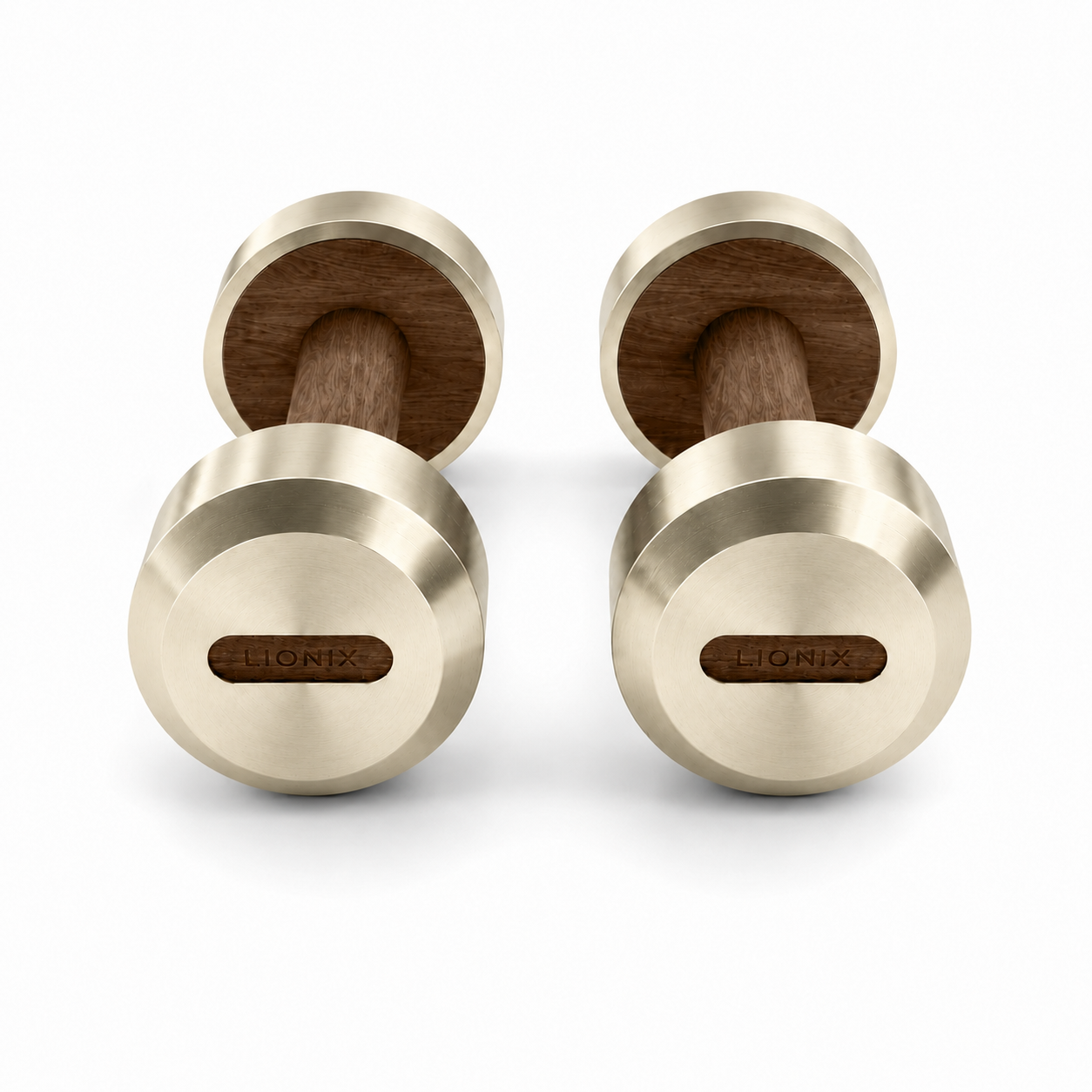 LIONIX VEYRON luxury dumbbell pair in titanium gold finish with walnut wood handles