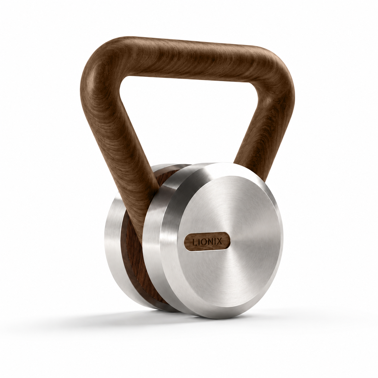 LIONIX VEYRON luxury kettlebell in brushed silver finish with walnut handle