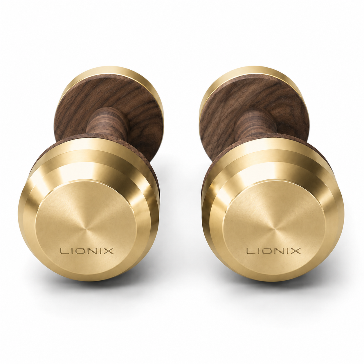 LIONIX EIDON luxury dumbbell pair in champagne gold finish with walnut wood handles