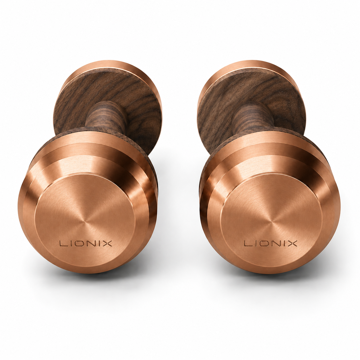 LIONIX EIDON luxury dumbbell pair in rose gold finish with walnut wood handles