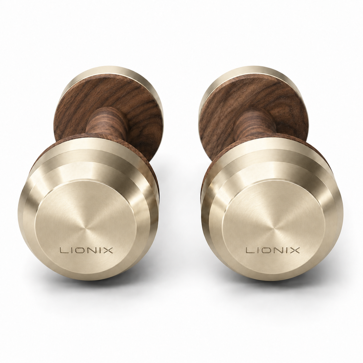 LIONIX EIDON luxury dumbbell pair in titanium gold finish with walnut wood handles